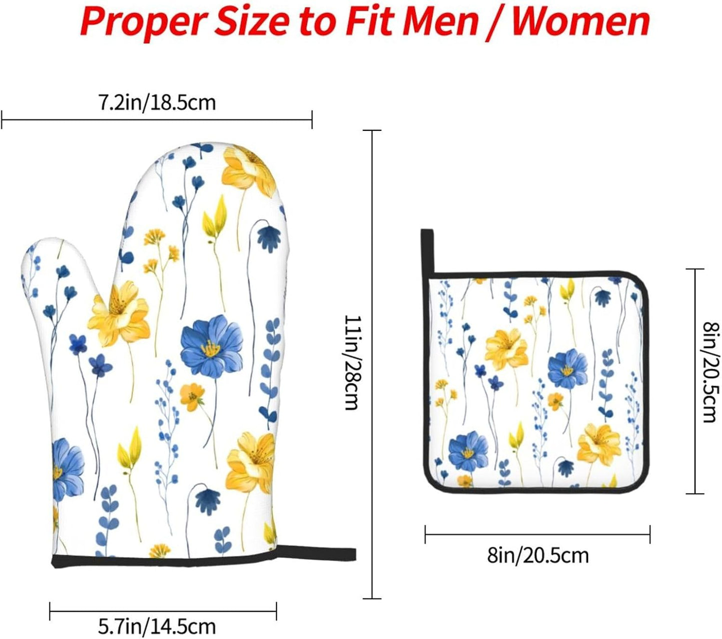 Navy Blue Yellow Flower Oven Mitts and Pot Holders Sets of 3 Watercolor Floral Decorative Hot Pads Heat Resistant Non Slip Washable for Cooking Grilling Baking BBQ Kitchen Decor