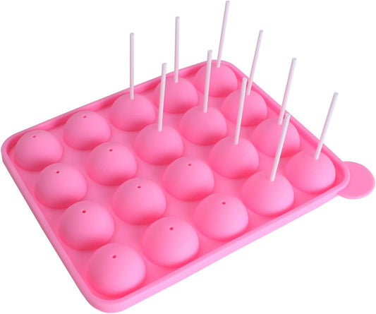 WARMBUY 20 Cavity Silicone Cake Pop Mold Lollipop Baking Mold Tray with Sticks, Pink