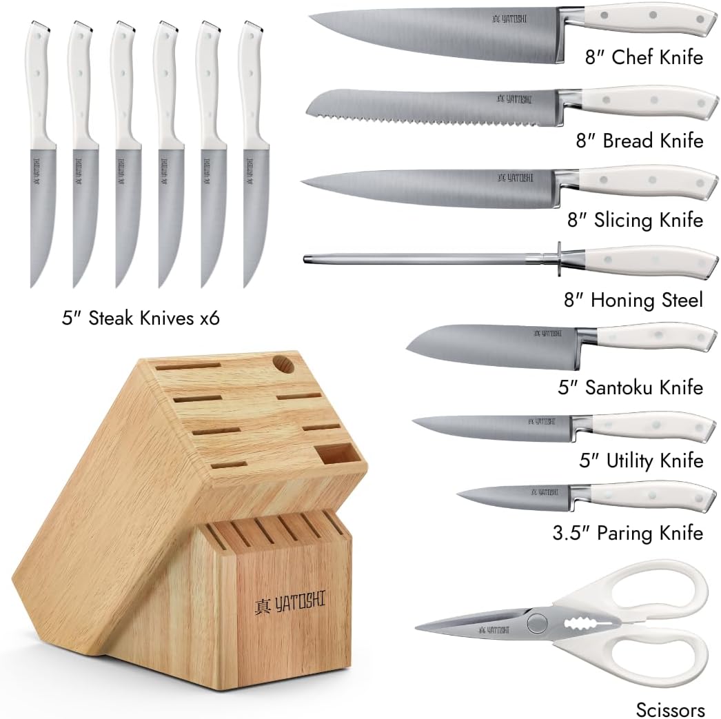 Yatoshi 15 Piece White Knife Block Set - Pro Kitchen Knife Set Ultra Sharp High Carbon Stainless Steel with Ergonomic Handle