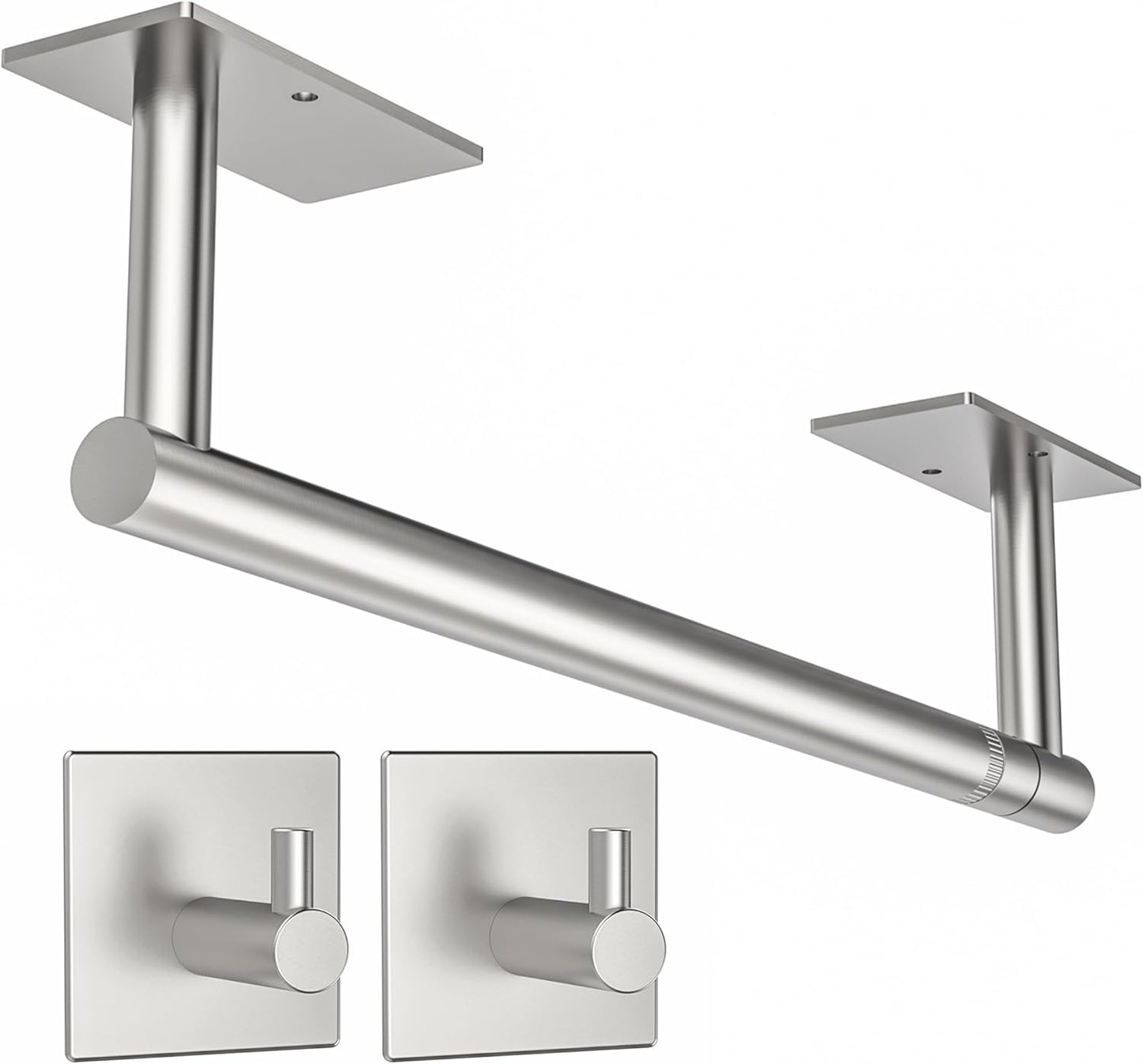 Paper Towel Holder Under Cabinet, Self Adhesive or Wall Mounted SUS304 Stainless Steel Paper Towel Holder for Kitchen, Bathroom(2 Towel Hooks, Silver)