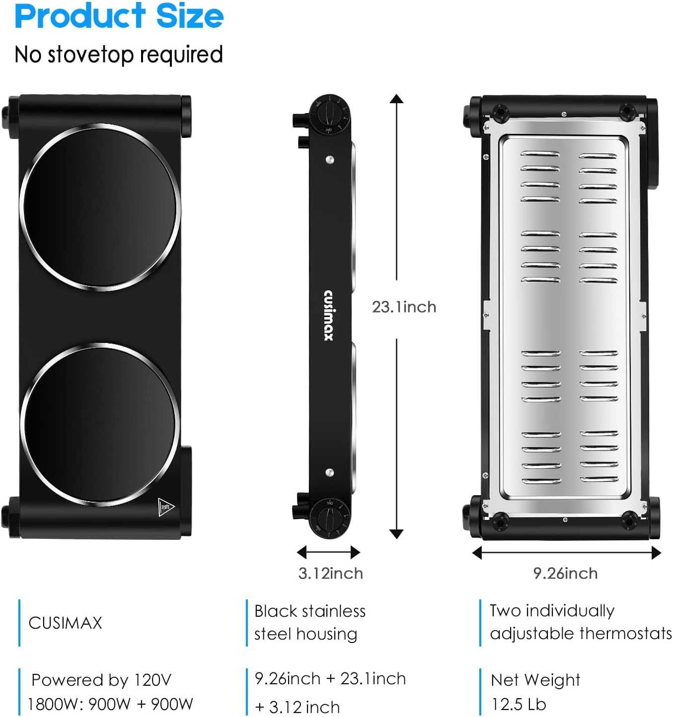 Cusimax Electric Stove, 1800W Infrared Hot Plate, 7 Inch Ceramic Glass Portable Double Burner Cooktop for Dorm Office Home Camp, Compatible w/All Cookware, Heat-up In Seconds-Upgraded Version