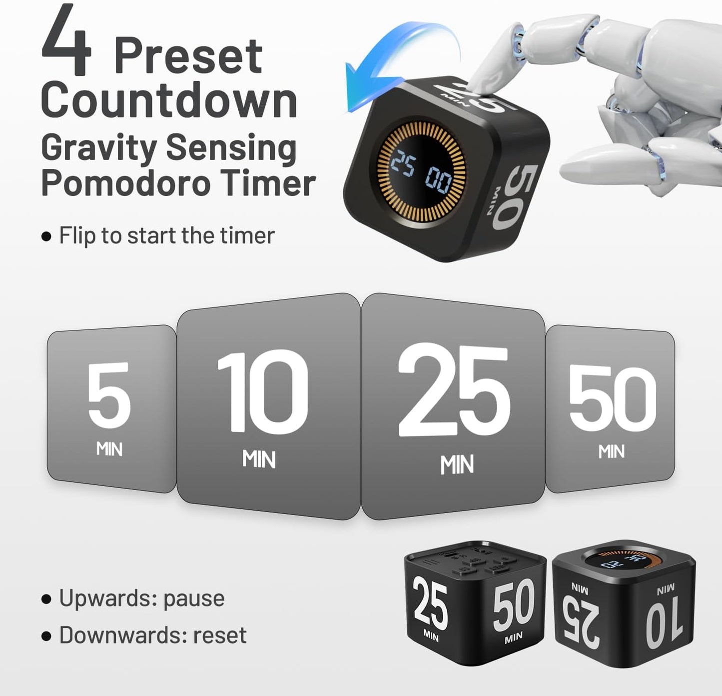 Rotating Pomodoro Timer Cube – 5/10/25/50 Minutes Preset Silent/Vibration/Custom Modes Flip Timer | ADHD Focus Helper for Study, Work & Kitchen (Black)