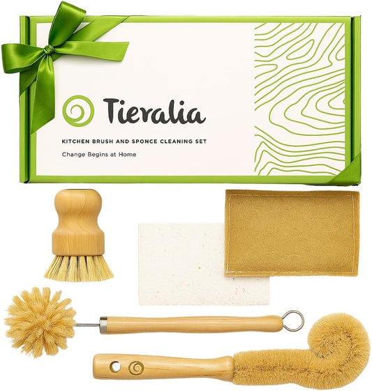 Tieralia Bamboo Dish Brush Gift Set – 5-Piece Kitchen Cleaning Bundle with Bottle Brush, Palm Brush, Scrub Brush & Sponge Pads | Elegant Wood Handles, Scratch-Safe Bristles, Giftable Packaging
