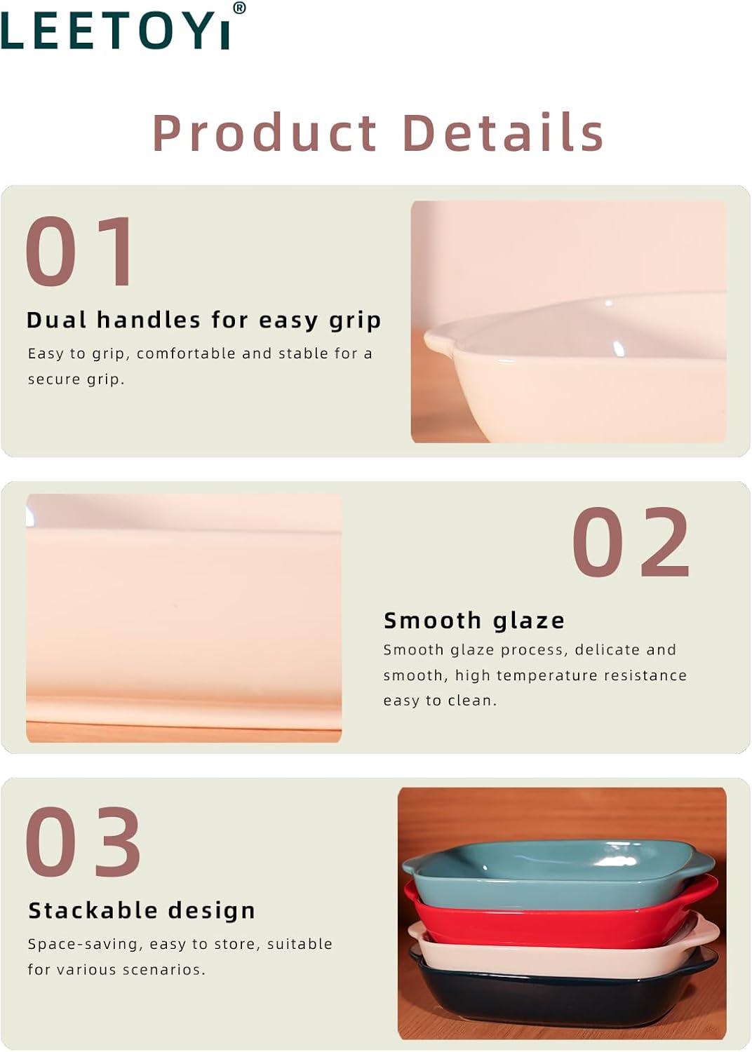 LEETOYI Ceramic Small Baking Dish, Porcelain 2-Piece Rectangular Bakeware with Double Handle, Baking Pans for Cooking and Cake Dinner 7.5"×5 (Turquoise)