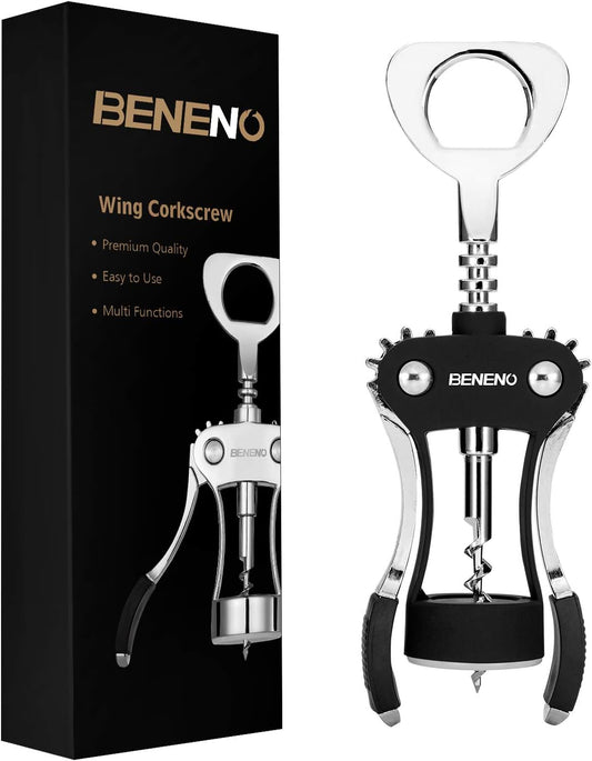 Beneno Wine Opener, Zinc Alloy Premium Wing Corkscrew with Multifunctional Bottles Opener, Sharp Wine Corkscrew with Ergonomic Non-Slip Wing Handle, Upgrade Black