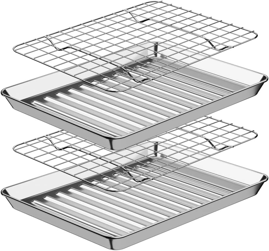 ROTTAY Small Baking Sheet Pan with Wire Rack Set [2 Pans + 2 Racks], 1/8 Stainless Steel Cookie Sheets for Oven, Warp Resistant & Heavy Duty & Rust Free, Size 9 x 7 x 1 Inches
