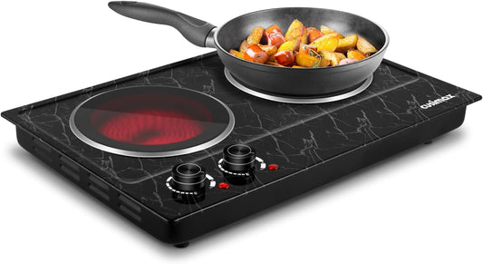 Hot Plate, CUSIMAX Double Burner Electric Hot Plate for Cooking, 1800W Dual Control Portable Stove Countertop Electric Burner Infrared Cooktop, Stainless Steel Black Marble