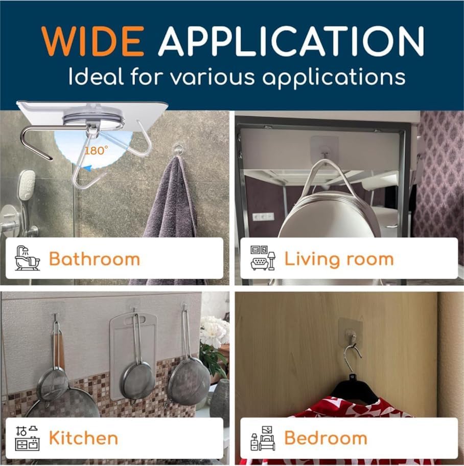 GLUIT Adhesive Wall Hooks for Hanging Heavy Duty 22 lbs Hooks for Walls No Damage, Towel Sticky Clear Hook, Waterproof, Home, Bathroom, Kitchen, Office, and Outdoor 6 Pack