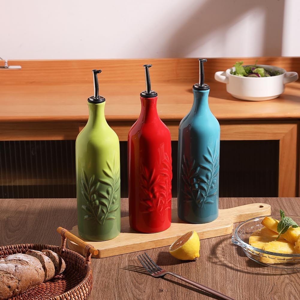 Sweejar Large Ceramic Olive Oil Dispenser Bottle, 24 Oz Relief Opaque Oil Cruet Protects Oil To Reduce Oxidation, Storage Vinegar, Soy Sauce, Coffee Syrup, Liquids, Set of 1 (Gradient Green)