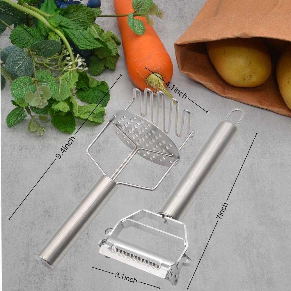 3-in-1 Multi-Peeler Stainless Steel Potato Masher Set,2-Piece Kitchen Tools for Peeler Vegetables,Carrots,Apple and Masher,Banans,Puree Making