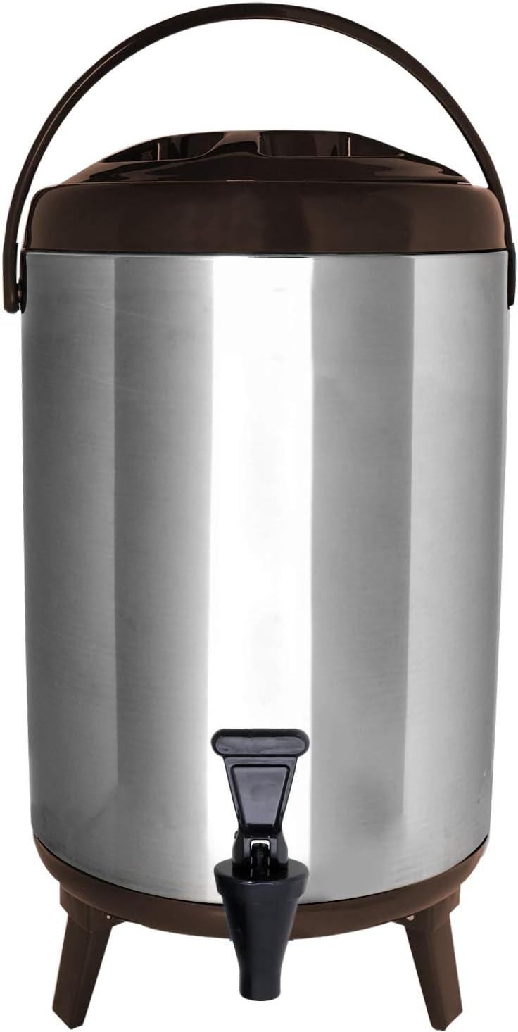 Stainless Steel Insulated Beverage Dispenser – Insulated Thermal Hot and Cold Coffee Carafe – 8 Liter Drink Dispenser with Spigot for Hot Water, Tea & Coffee, Cold Milk, Juice & More BROWN…