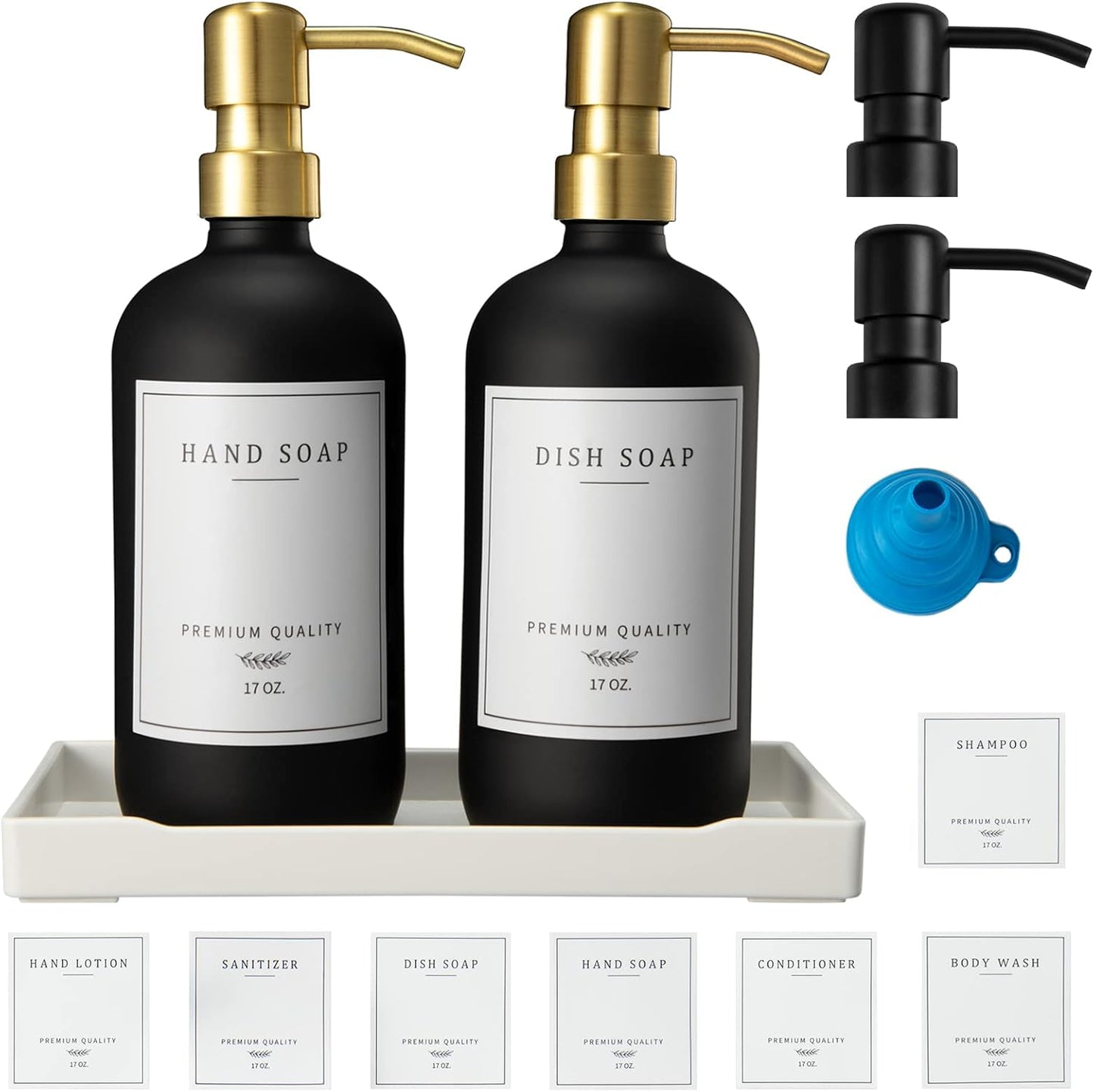 Glass Soap Dispenser for Kitchen, Farmhouse Dish Soap Dispenser&Hand Soap Dispenser Set,Rustproof Pump Lotion Dispenser Bathroom with Tray,Waterproof Label for Kitchen Decor(Black