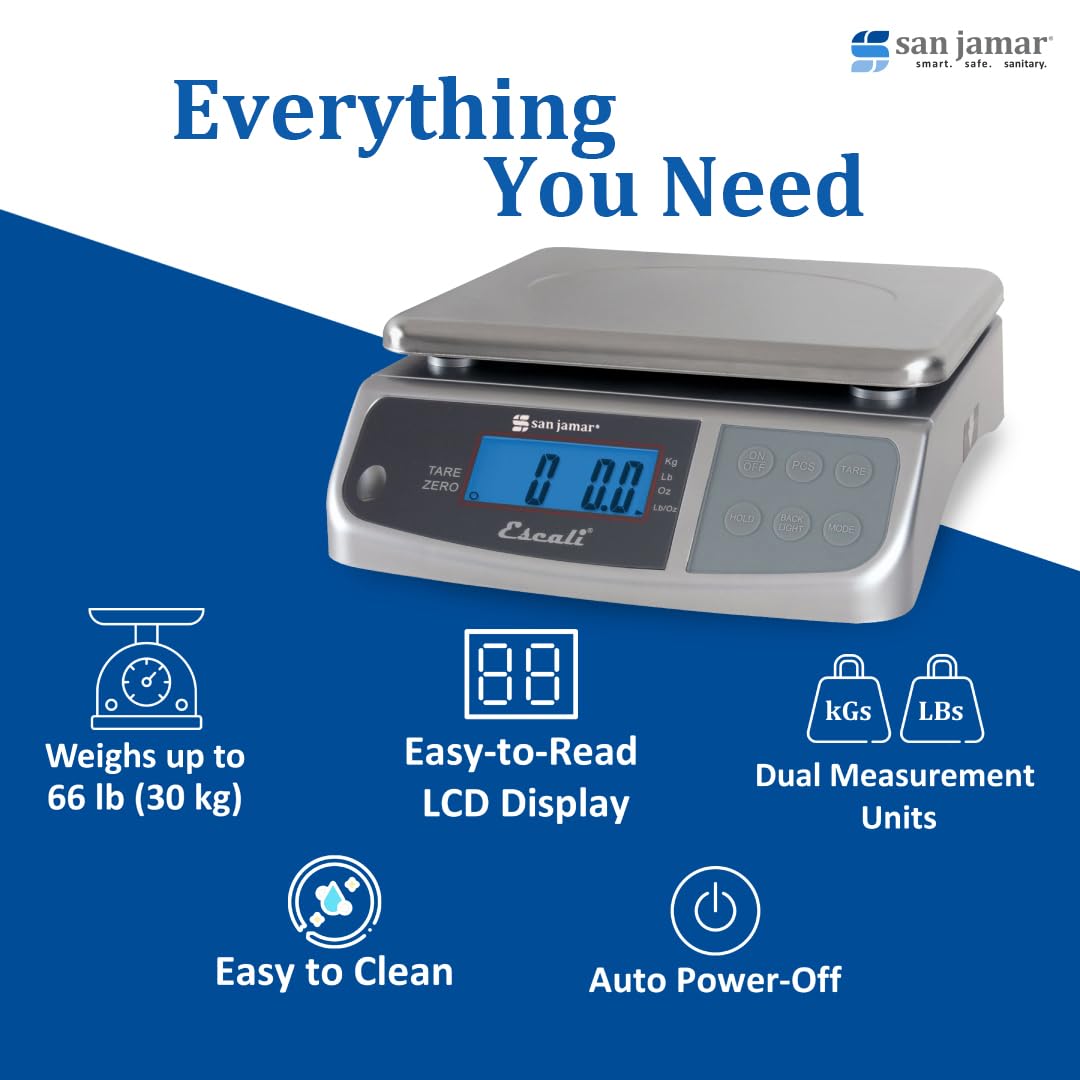 San Jamar Digital Food Scale, Battery Operated with 66 Pound Capacity for Cooking, Baking, Meal Prep, Diet Tracking, Stainless Steel, 6.82 Pounds, Silver