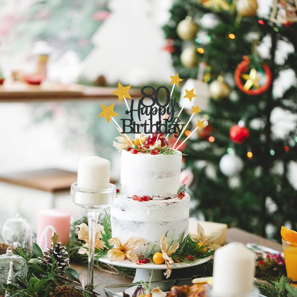 Glittery 80th Happy Birthday Cake Topper with Star,Personalised 80 Birthday Cake Toppers Party Decorations Party Supplies for Men Women Black Gold