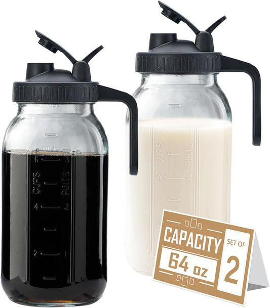 64oz Glass Pitcher with Lid - 2 Quart Mason Jar Pitcher with Spout, Leak-proof Milk Container for Refrigerator, Easy to Clean Wide Mouth Water Jug, Juice, Tea, Iced Coffee, Beverage and Drinks