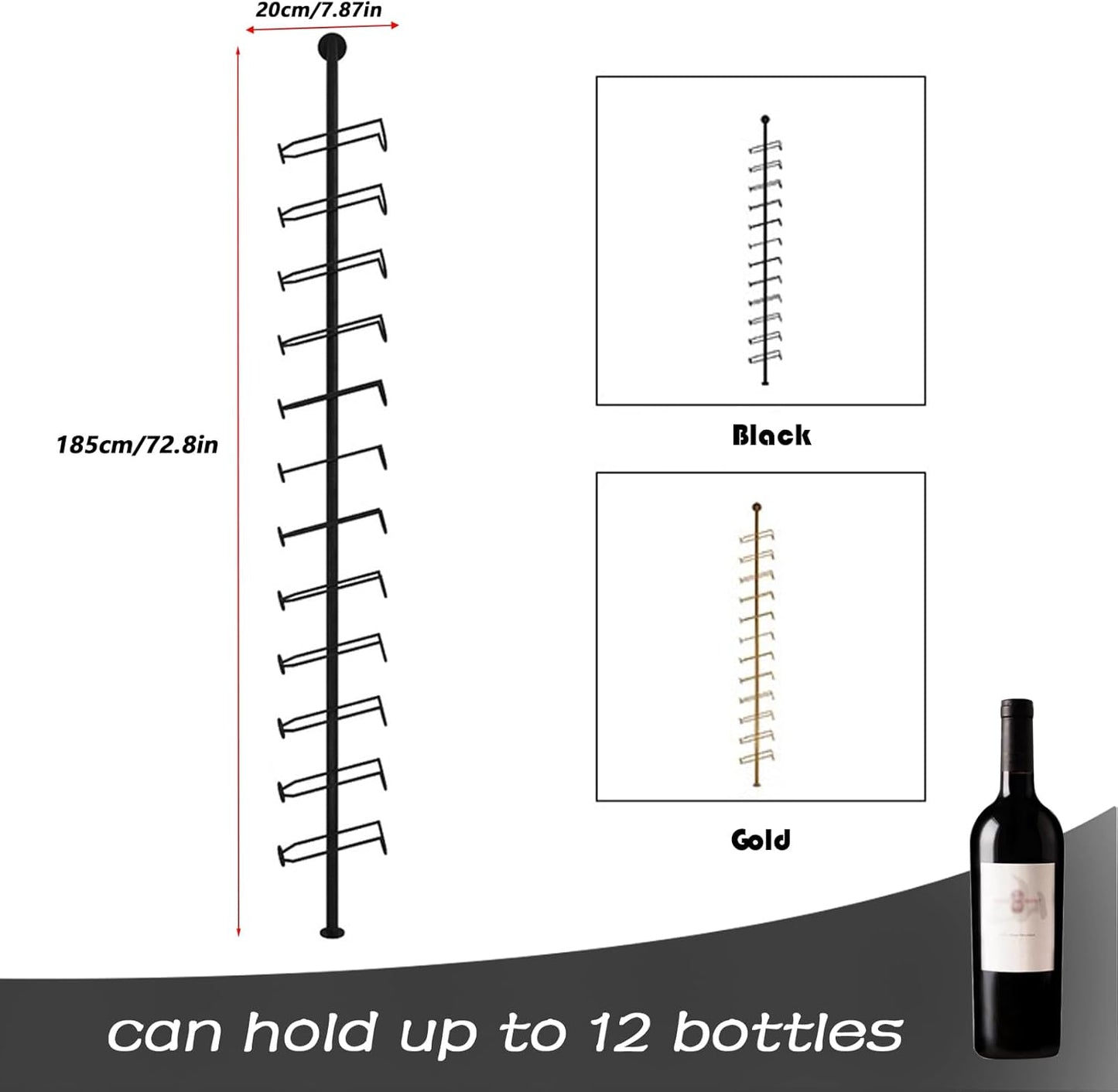 Wine Rack Wall Mounted, 72.8in High Metal Wine Bottle Holder for 12 Bottles, Kitchen Organization and Wine Storage for Commercial Restaurants Pantry Bar Wine Cellar (Gold, Two rows-24 Bottles)
