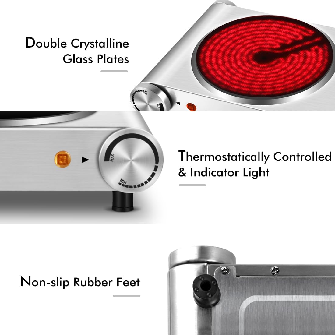 Double Burner, CUSIMAX Electric Burner 1800W Ceramic Hot Plate for Cooking, Glass Plate Infrared Burner, Portable Dual Control Electric Cooktop, Stainless Steel-Upgraded Version