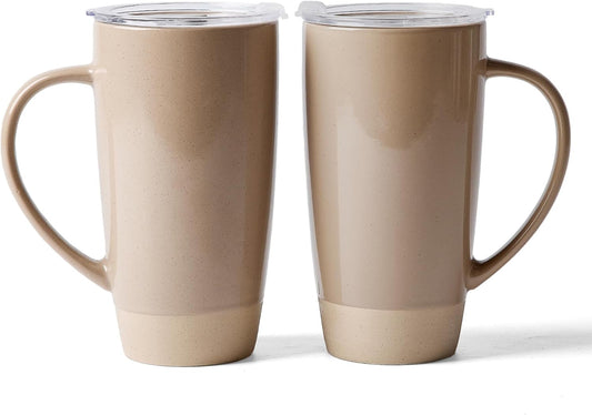 famiware Milkyway Coffee Mugs, 20oz Large Coffee Mug, Ceramic Mug Set of 2 with Lid, Cup Set with Handle for Latte, Tea, Cocoa, Milk, Home & Office, Cinnamon Brown