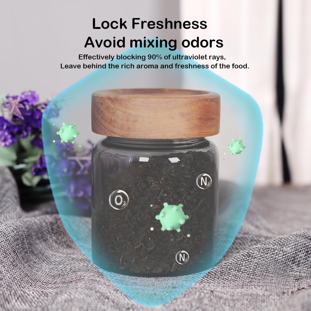 SAIOOL 3 Packs grey Glass Food Storage Jars with Screw Airtight Seal Acacia Wood Lids,Spice Jars with Lids, Organization for Jars Bottles Containers Travel Gear, Sugar, Salt,Coffee, cookies,spices