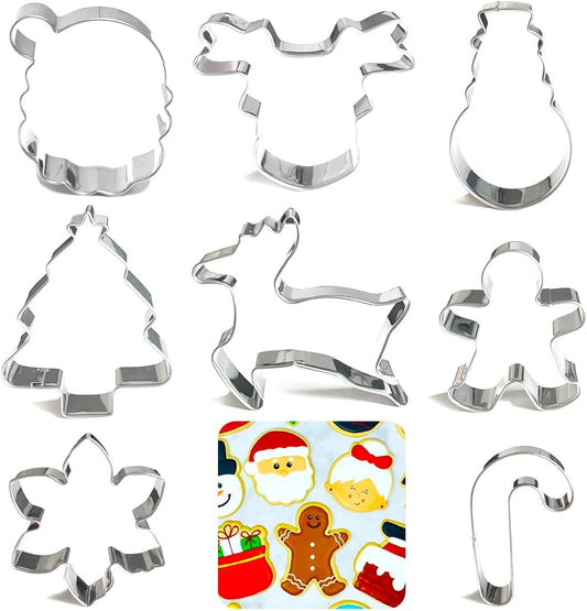 Christmas Cookie Cutters Set 8Pcs, Stainless Steel Fondant Cutter Sturdy Metal Biscuit Doubt Cutter, Cute Shapes Santa Claus Christmas Cane Tree Elk Snowflakes Snowman