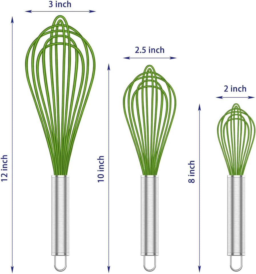 Silicone Whisk,Professional Whisks For Cooking Non Scratch,Stainless Steel & Silicone Wisk,Plastic Rubber Whisk Tool For Nonstick Cookware Pans,Silicon Wisks Set of 3,Green.