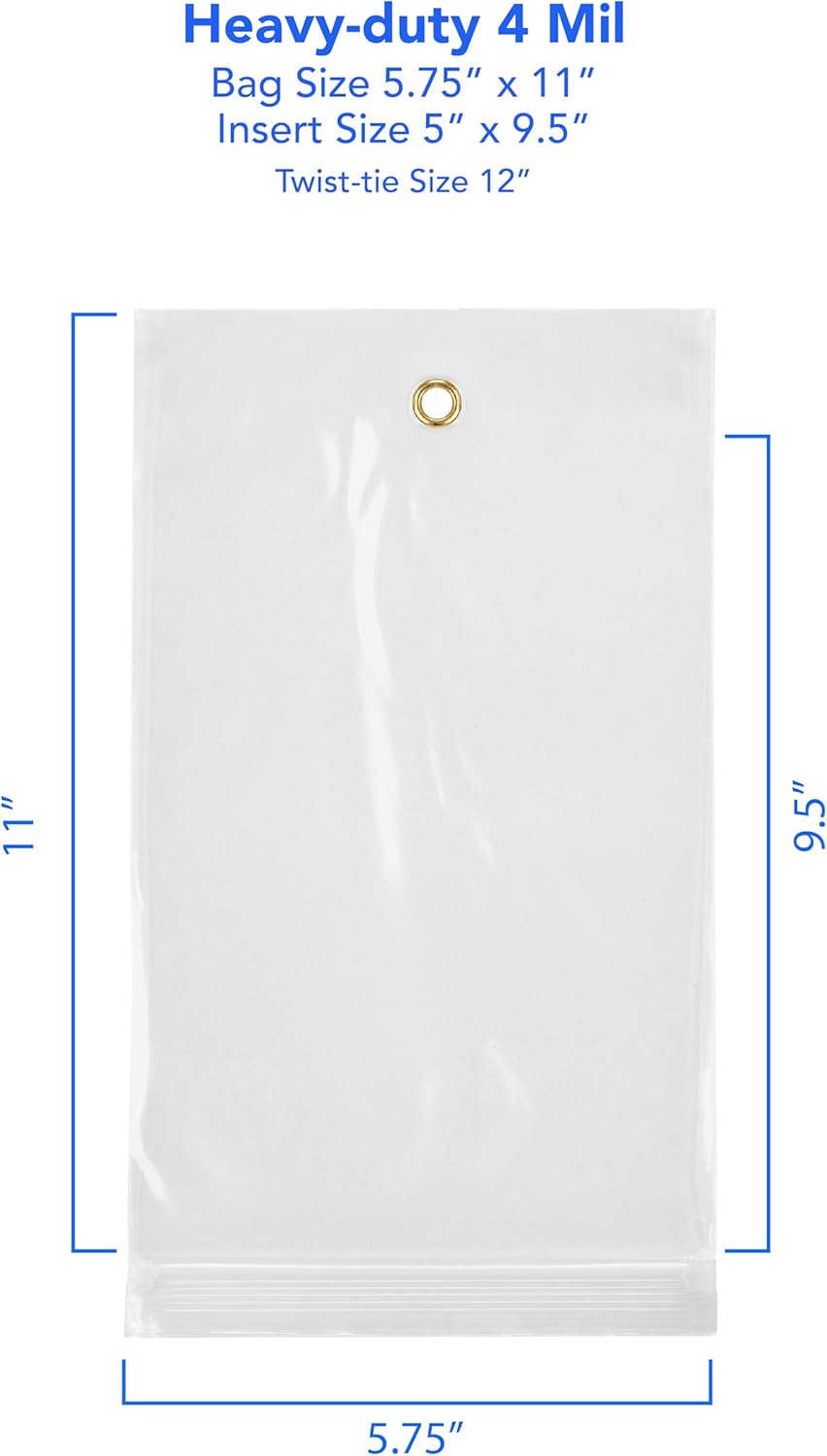 GPI - 5.75" x 11" Recloasbale Zip Bags with Bottom Hang-hole & Pre-inserted 12" Twist-tie. 4 Mil Heavy-duty Resealable Zipper Baggy with Grommet/Metal Eyelet for Hanging (Insert Size 5x9.5) 100 Pack
