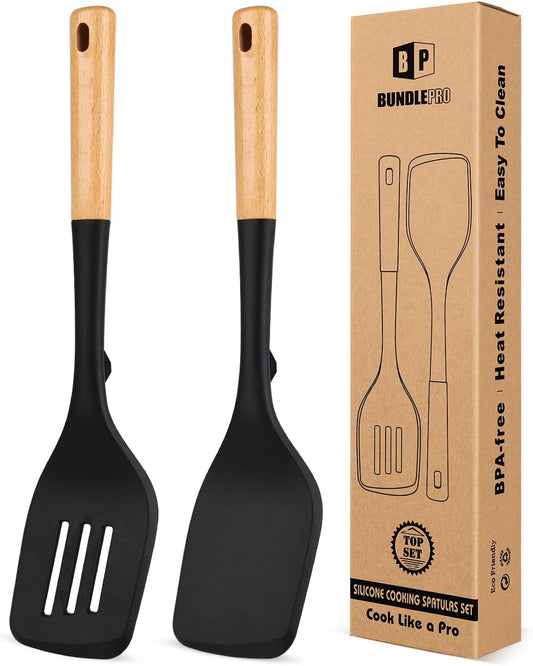 Pack of 2 Large Silicone Spatula, Heat Resistant Solid Turner, Non Stick Slotted Spatulas with Wooden Handle, Ideal Kitchen Utensils for Flipping, Pancakes, Eggs, Fish(BLACK)