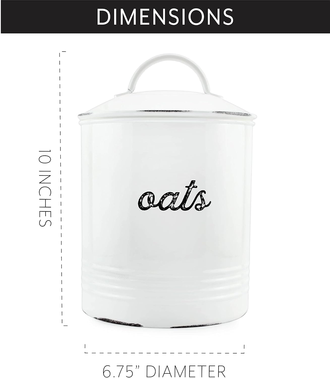 AuldHome Design Farmhouse Enamelware Oatmeal Canister (White); Rustic Distressed Style Oats Storage for Kitchen
