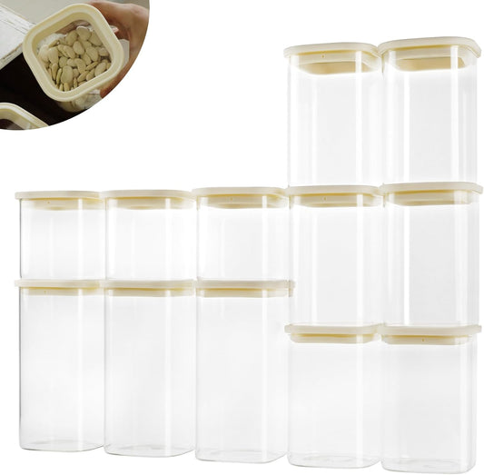 12pcs Square Glass Pantry Storage Containers with See Through Lids Kitchen Jars Sets for Cereal, Chips Refrigerator Safe, Professional Glass Canisters, Patent Approved (12PCS/MIX)