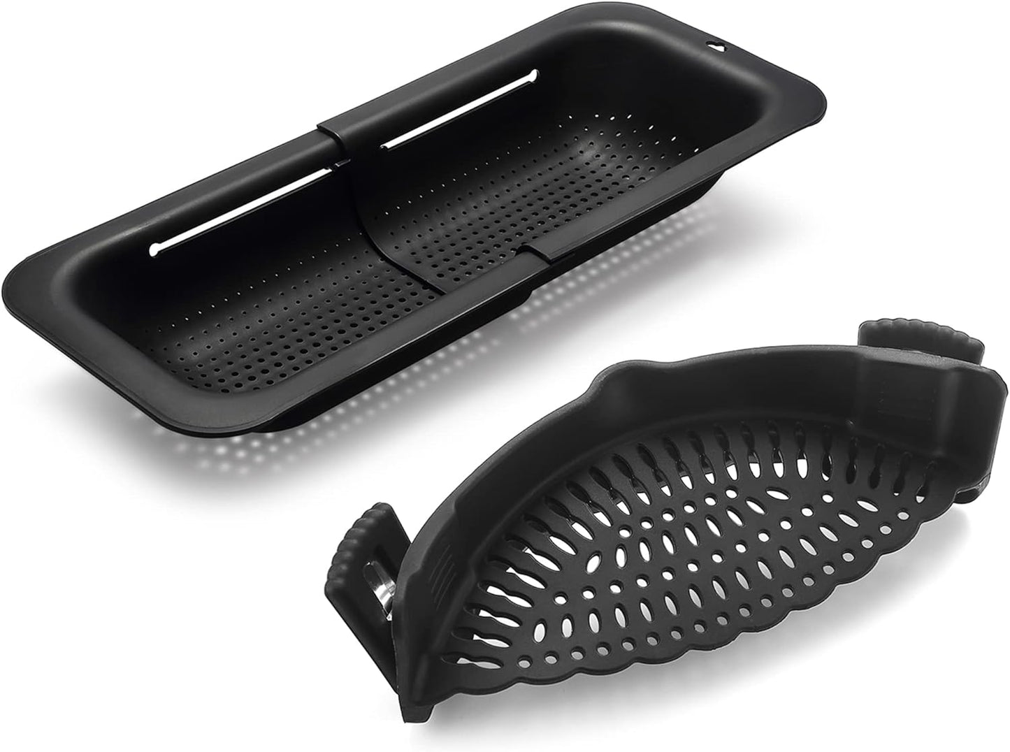 Adjustable Over the Sink Colander Strainer, Silicone Clip On Strainer for Pots Strainers and Colanders Plastic Drainer Basket for Food Pasta Vegetables Kitchen, Extendable 14.5"-19.5", Black