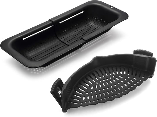 Adjustable Over the Sink Colander Strainer, Silicone Clip On Strainer for Pots Strainers and Colanders Plastic Drainer Basket for Food Pasta Vegetables Kitchen, Extendable 14.5"-19.5", Black