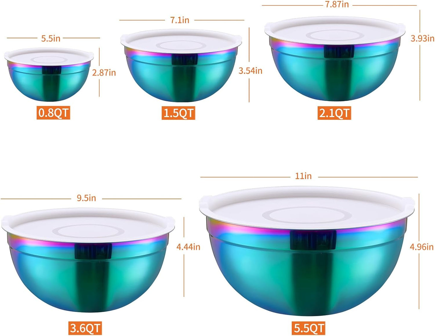 Rainbow Mixing Bowls with Lids Set of 5, Stainless Steel Nesting Bowl with Khaki Lid for Non-slip Mixing Prepping Storing Serving, 5 Sizes-5.5/3.6/2.7/2.1/1.5 QT