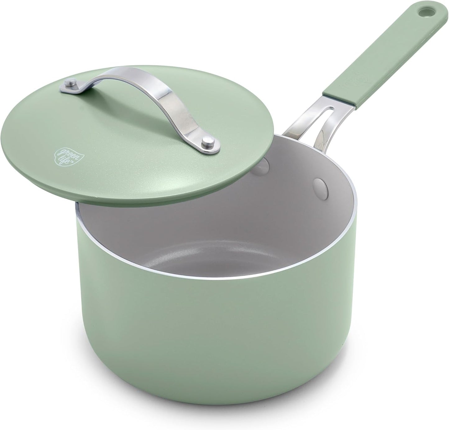 GreenLife 2 Quart Nonstick Saucepan with Lid, Lightweight Healthy PFAS-Free Milk Pan, Dishwasher & Oven Safe Soup Pan, Durable Body, Silicone Stay-Cool Handle, Easy Release Chef’s Pan, Sage Green