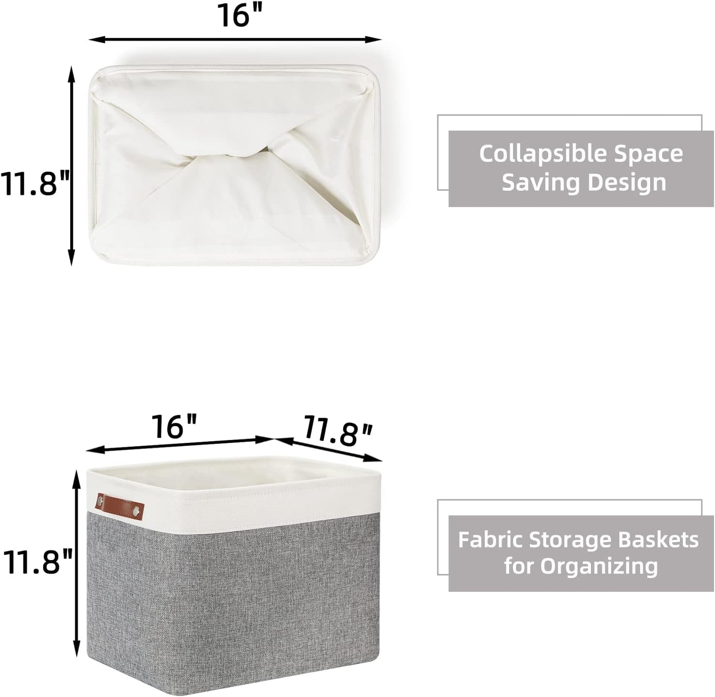 HNZIGE Large Fabric Storage Baskets Bins for Organizing [2 Pack] Foldable Storage Bin Tall Baskets for Shelves 16" X 11.8" X 11.8" Canvas Rectangular Decorative Storage Bins for Closet(Gray&White)