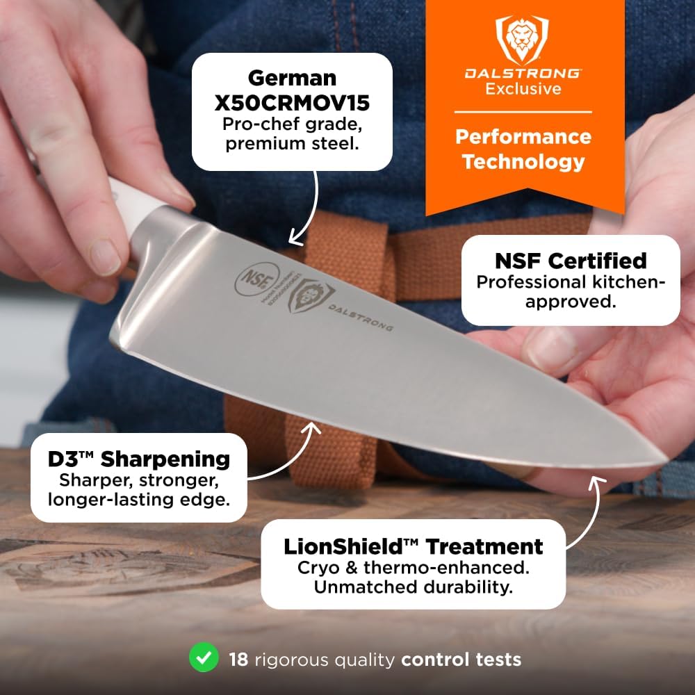 DALSTRONG Gladiator Series Elite-18pc Stainless Steel Knife Set with Block-High Carbon German Steel-Acacia Wood Block-Knife Set w/White Handles-NSF Certified-Men's Valentines Gift