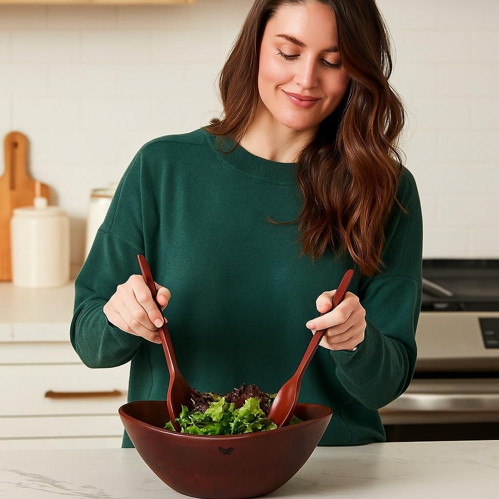 Melvvi Large Wooden Salad Bowl Set with 2 Small Bowls and 2 Serving Utensils | 12" & 6" Acacia Wood Bowls for Food | Great Gift for Kitchen & Dining (Natural Set of 5) (Royal Set of 3)