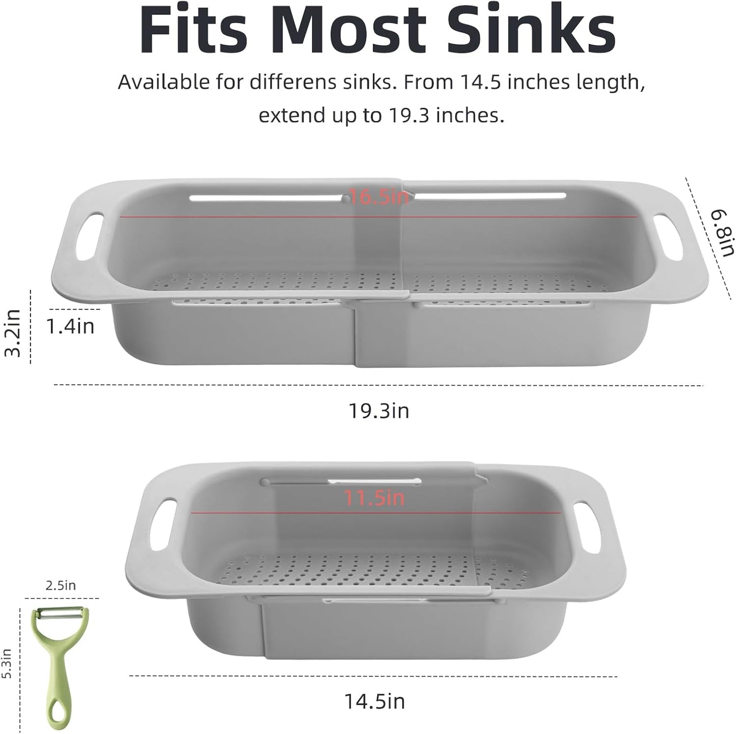 Extended Long Over the Sink Colander, Wash Vegetables Fruits Collapsible Colander Strainer, 14.5"-19.3" Extendable Kitchen Sink Accessories for Dishes Drying, Vegetable Basket, with Peeler