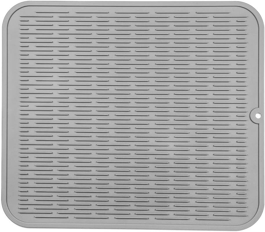 Silicone Dish Drying Mat for Multiple Usage,Easy clean,Eco-friendly,Heat-resistant Silicone Mat for Kitchen Counter or Sink,Refrigerator or Drawer Liner Grey XL 18 inches x 16 inches