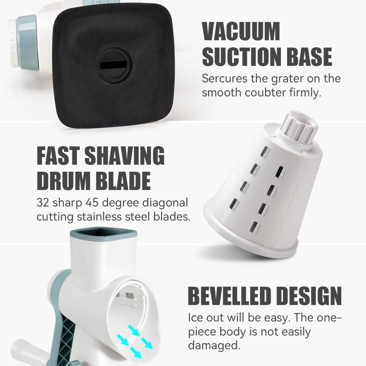 Rotary Ice Shaver with Handle Manual Hand Crank Snow Cone Maker Machine Qucik Shaved Ice Maker with Suction Feet, All Ice Cubes Fitted.Premium Portable Ice Crusher and Shaved Ice Machine.