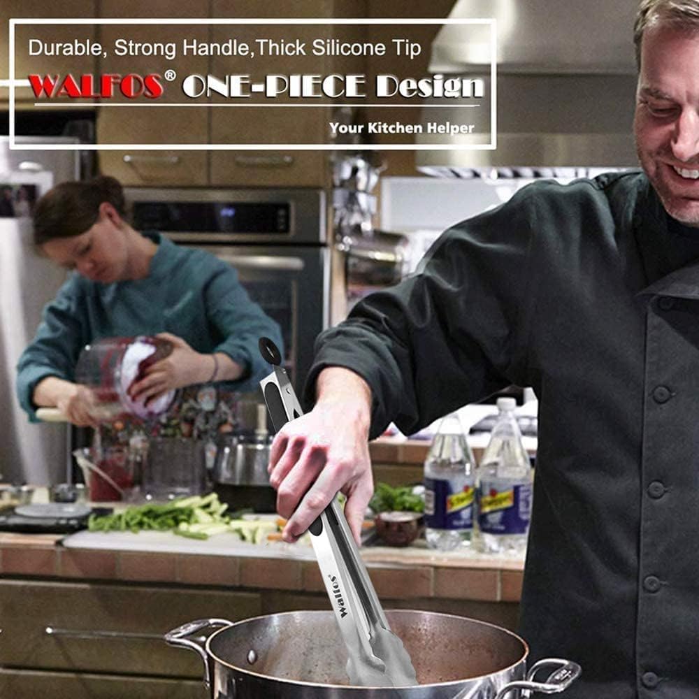 Walfos Stainless Steel Kitchen Tongs for Cooking- 7 ，9 and 12 Inch, Food Grade Metal Tongs for Cooking, BBQ, Set of 3 Heavy Duty Locking Cooking Tongs Non-Slip Grip