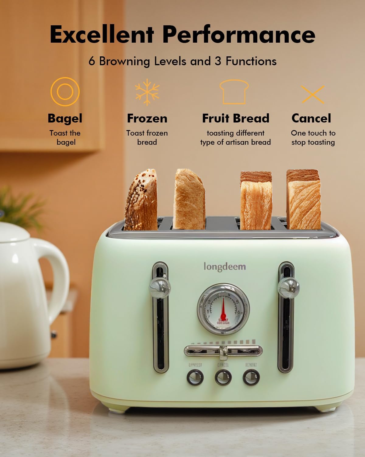Retro 4-Slice Toaster 1.6" Wide Slots - 6 Toast Settings with Bagel Function, Stainless Steel Body, Defrost/Cancel Button & Crumb Tray, Vintage Green