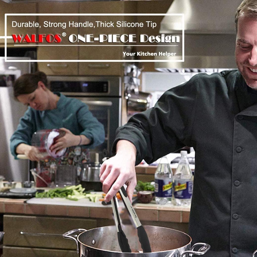 Heat Resistant Silicone Tongs Set - 600 Degrees, Kitchen Tongs for Cooking, Grilling, Turning - Stainless Steel and BPA Free Silicone Tips (7", 9" and 12 inch)