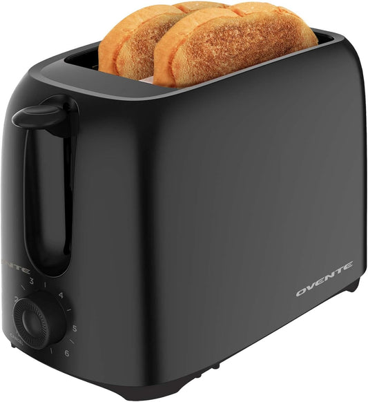 OVENTE Electric 2 Slice Toaster Machine with 6-Shade Browning Selector Setting, Compact Design and Removable Crumb Tray, 700W Power Perfect for Toasting Bread, Thin Bagels and Waffles, Black TP2210B