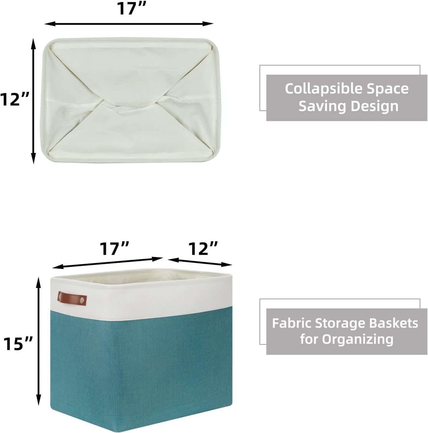 HNZIGE Large Canvas Organizer Baskets for Organizing, Rectangular Shelf Baskets with Handles, Collapsible Linen Storage Basket for Storage Shelves Closet, Home(White Teal), 17" x 12" x 15"