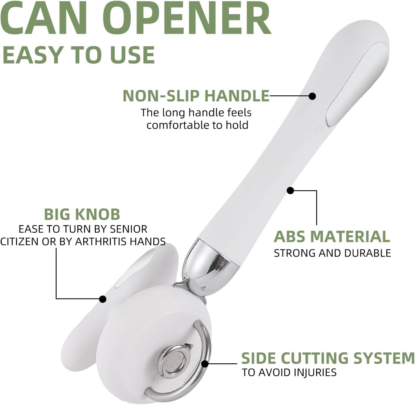 Can Opener Manual Tin Opener Stainless Steel Heavy Duty, Oversized Hand-held Easy Rotary Knob, Safe Cut Manual Can Opener with Non-Slip Handle, Smoother Cut Sharp Blade for Seniors Kitchen Tool, White