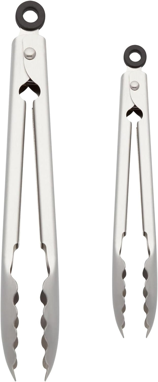 KitchenAid Set of 2 Stainless Steel Tongs with Scalloped Edges Easy Lock Dishwasher Safe Durable and Versatile 7 Inch and 9 Inch Silver
