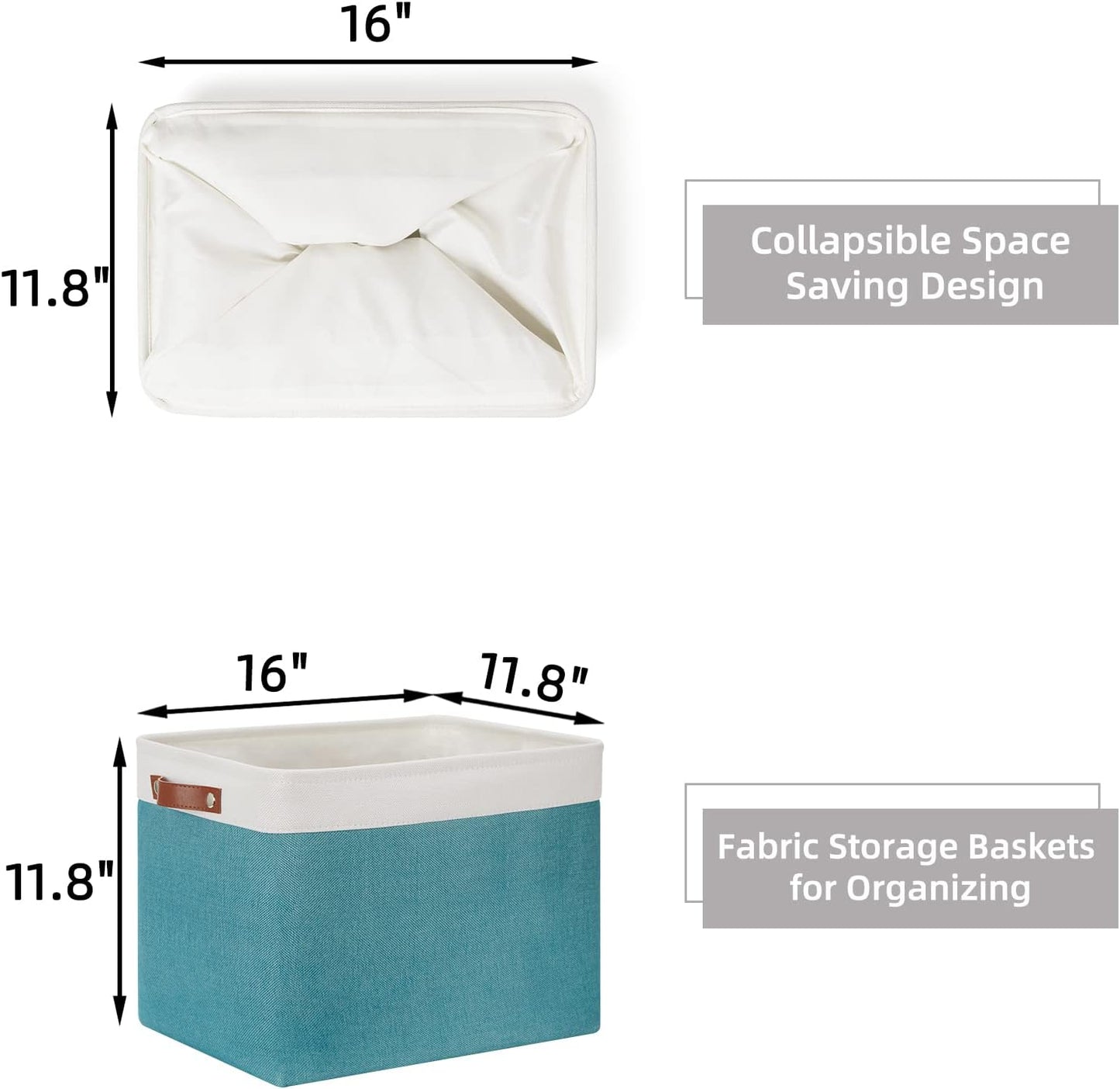 HNZIGE Extra Large Fabric Storage Bin Baskets for Organizing Shelves [2 Pack] Storage Baskets for Closet 16" X 11.8" X 11.8" Rectangular Storage Basket Bin for Organization Living Room(Teal&White)