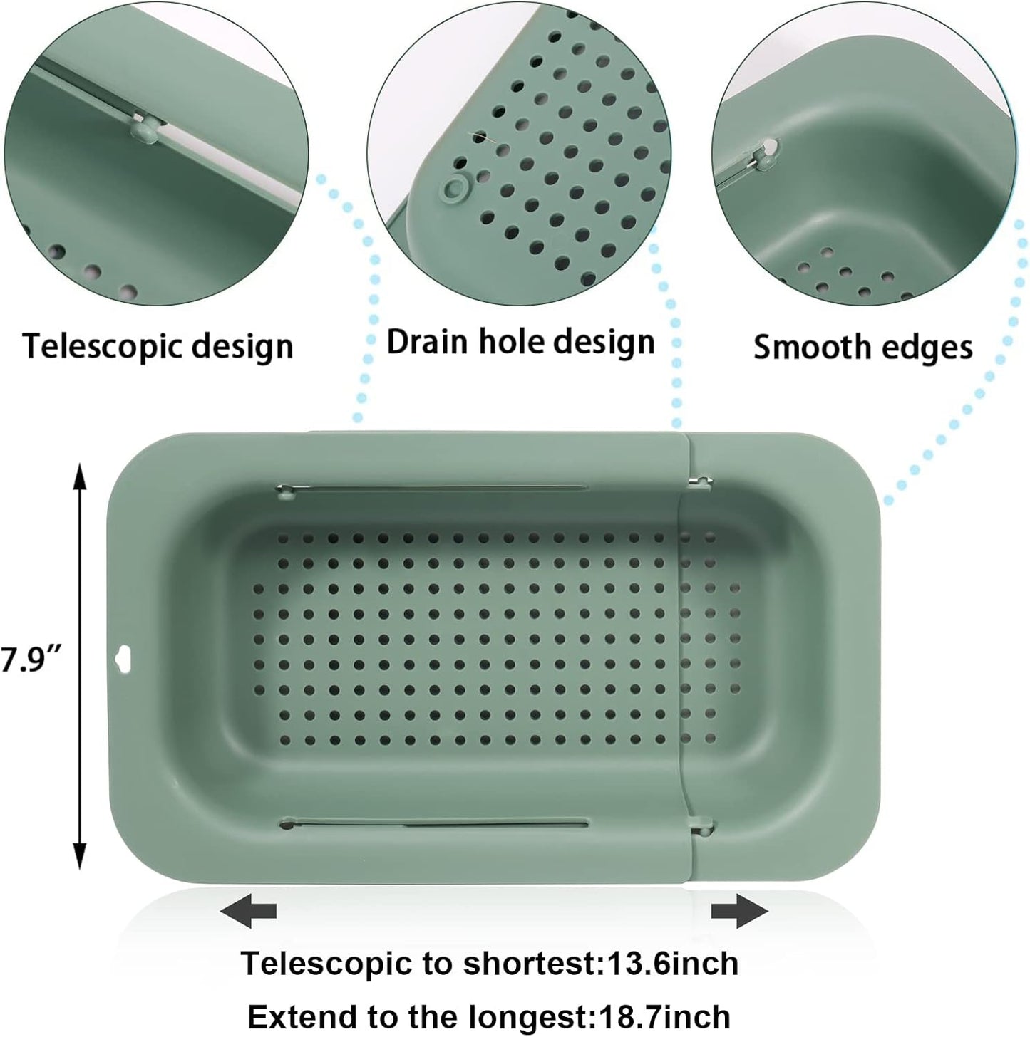 Collapsible Sink Colanders and Strainers Basket Extendable Plastic Fruit Vegetable Strainer Drainer Basket for Kitchen (Length 13.6 inch-18.7 inch) (Apple Green)