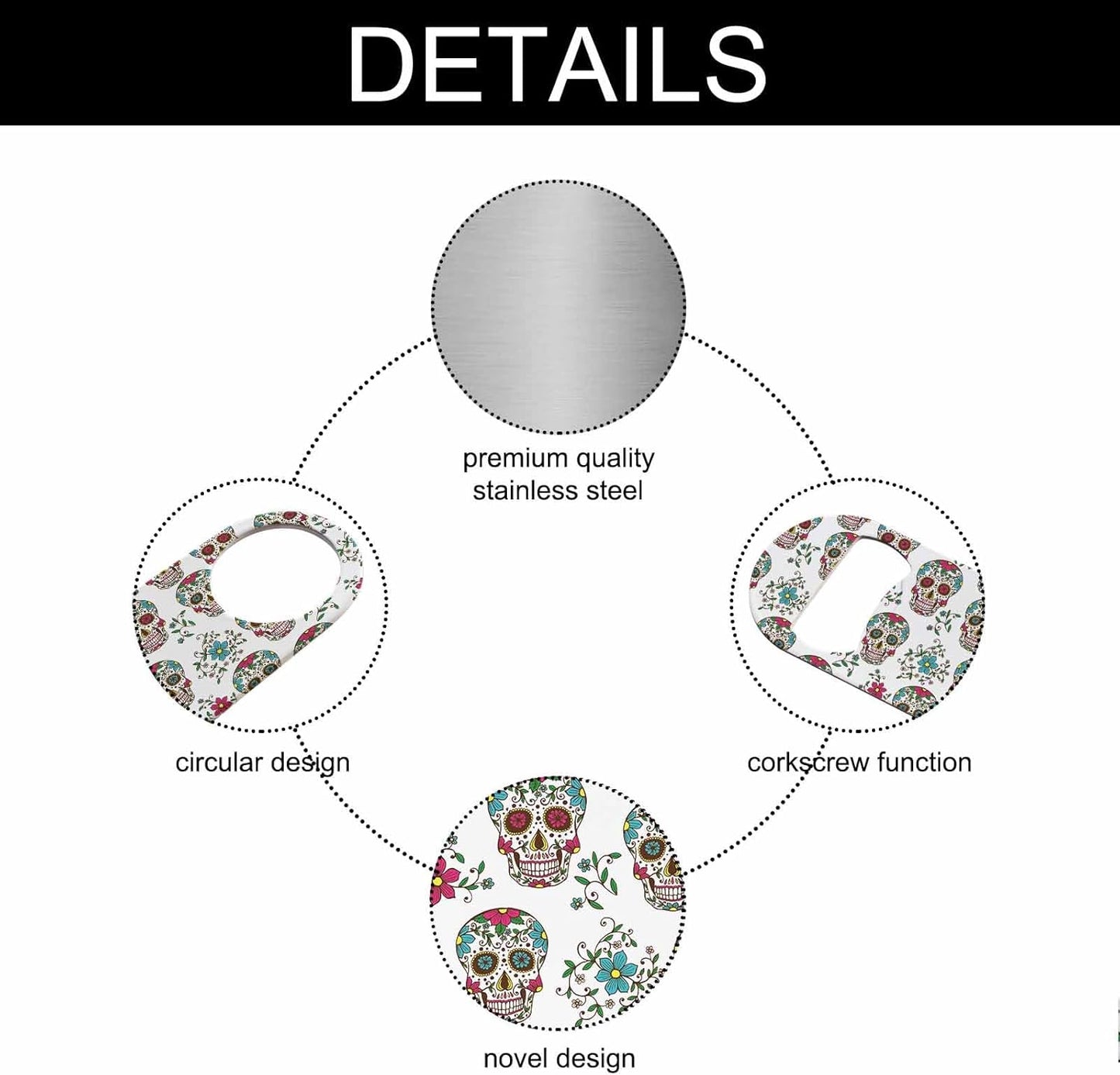 Sugar Skull Stainless Steel Bottle Opener Floral Skeleton Leaf and Flowers Mexico Day of The Dead Halloween Flat Beer Bottle Opener Keychain for Home Kitchen Bar Restaurant Party Birthday Gift