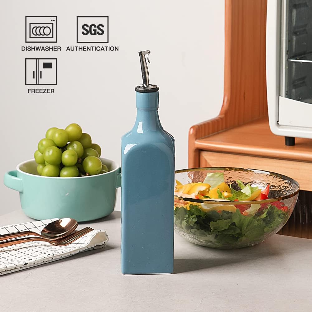Sweejar 19 Fl Oz Ceramic Olive Oil Dispenser Bottle with Spout, Large Oil Dispenser for Kitchen, Opaque EVOO Oil and Vinegar Cruet for Cooking, Oil Container for Avocado Oil, Pack of 1 (Fog blue)